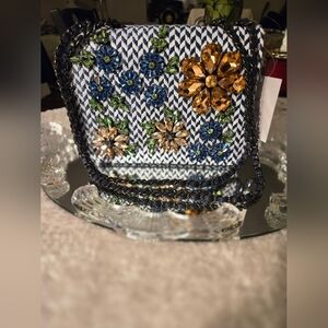 NWT Floral Embellished Blue and White Bag